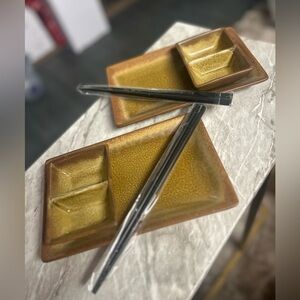 NWT The Cellar Set of Two Brown and Yellow Sushi Plates with Chopsticks